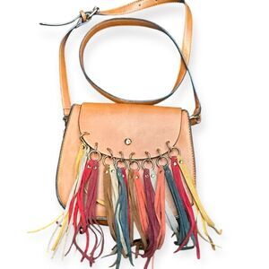 MELLOW WORLD Women’s Tan Faux Leather Multicolor Fringe Crossbody Bag Boho Festi